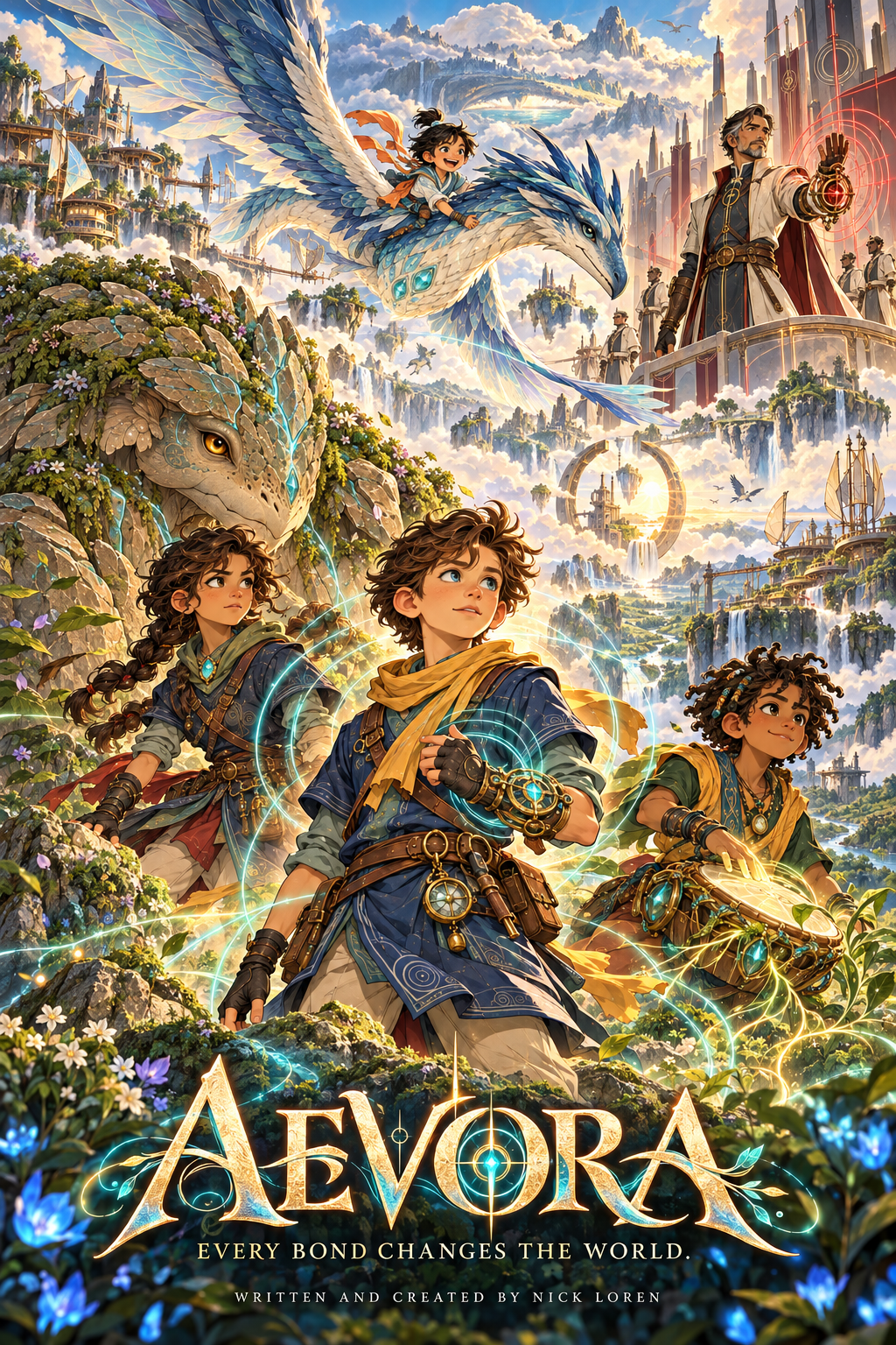 Original Aevora ensemble poster, with its characters and creatures in a world above the clouds