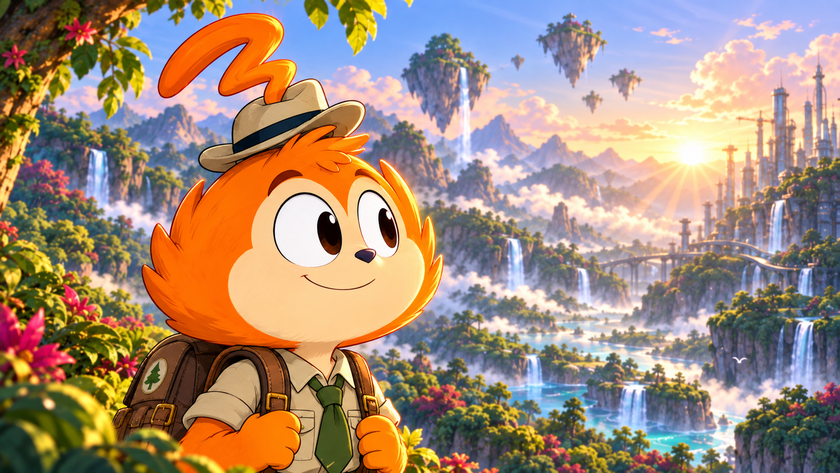 Farful in his explorer hat, with waterfalls and floating islands behind him